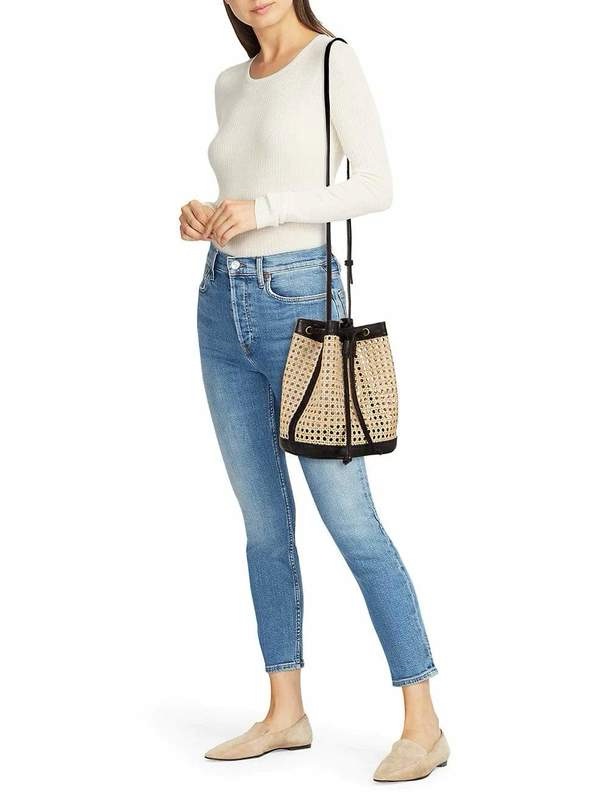 Bembien Woven Bucket Crossbody Bag In Natural With Black Trim